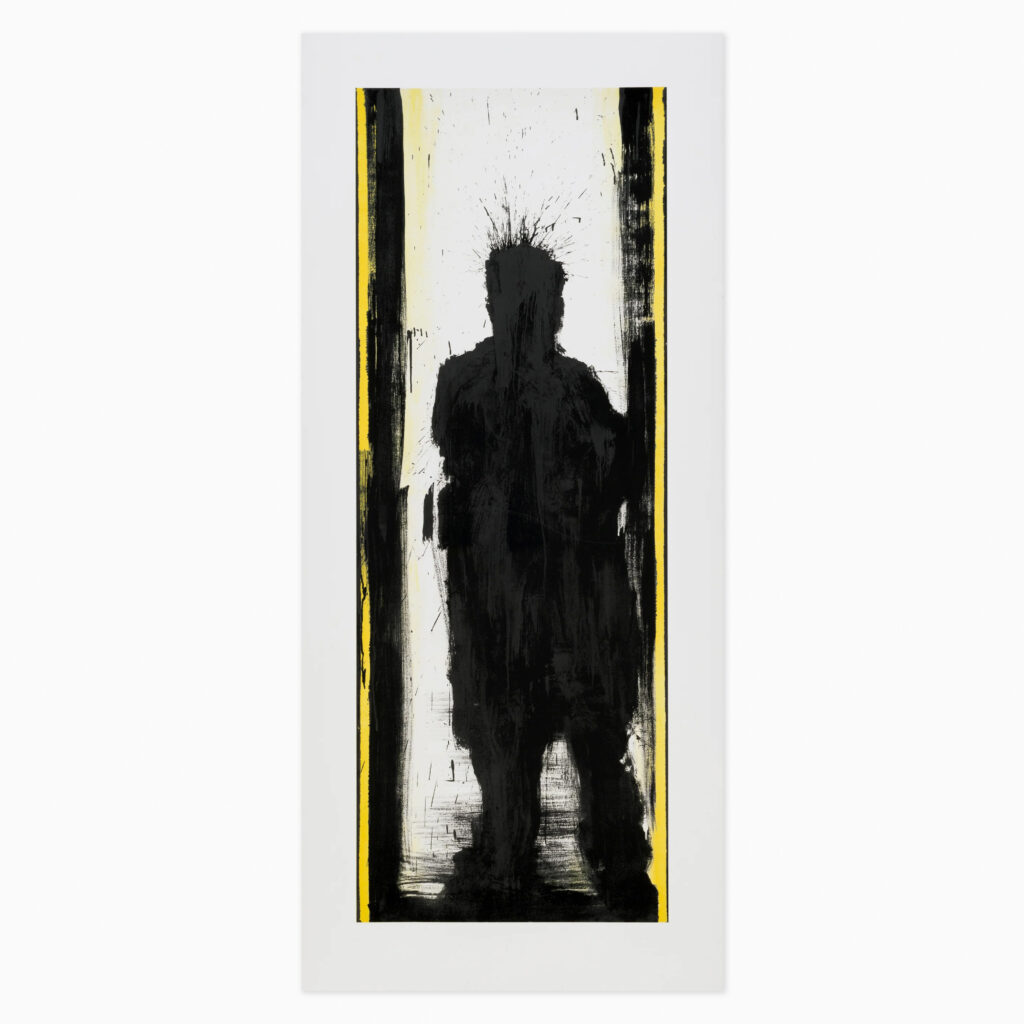 A bold black painted figure of a standing shadowman with yellow highlights, in Richard Hambleton's signature gestural street art style.