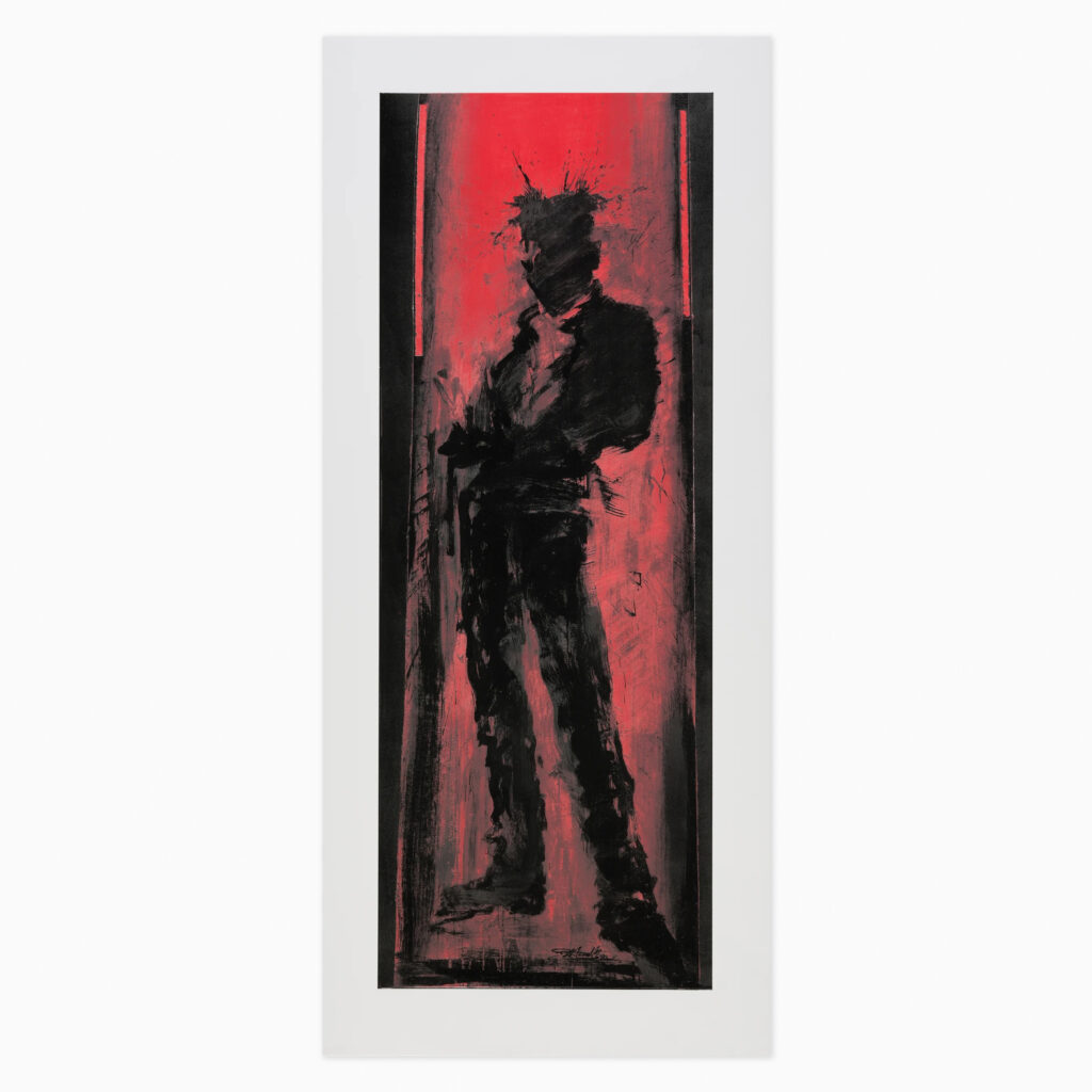 A standing human figure rendered in deep red, with splashed edges and gestural brushwork creating a shadowy, haunting presence against a contrasting background.