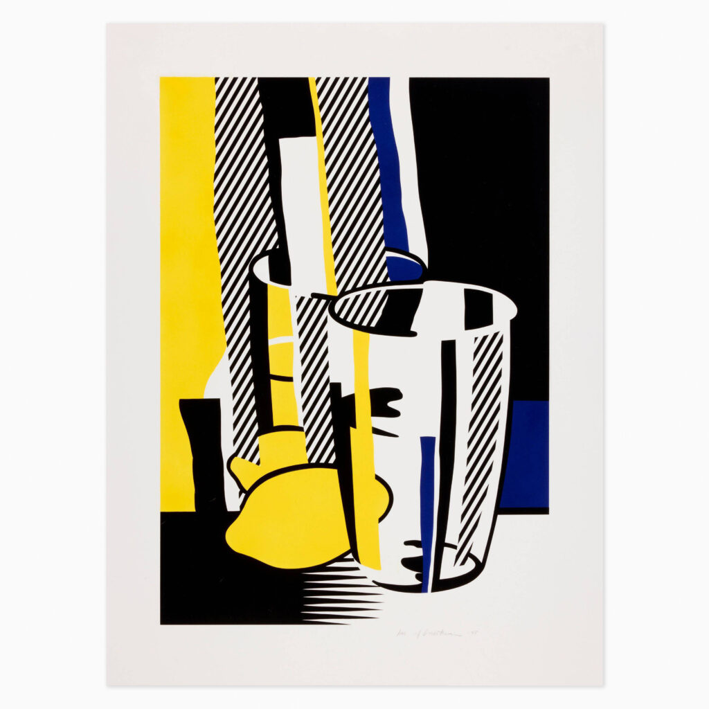 Before the Mirror (1975) by Roy Lichtenstein, a pop art image of a glass of water, and lemon, rendered in bold outlines, flat colours, and Ben-Day dots, emphasizing stylised features and a graphic, comic-book aesthetic.