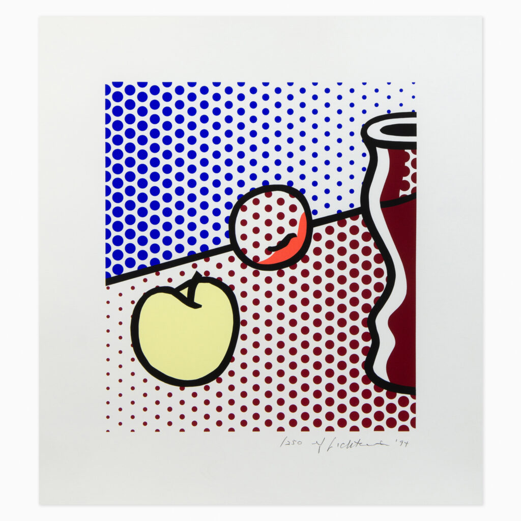Still Life with Red Jar (1994) by Roy Lichtenstein, a stylised still life featuring a bold red jar alongside fruits, rendered in Lichtenstein’s signature pop art style with clean lines, Ben-Day dots, and flat, high-contrast colours.