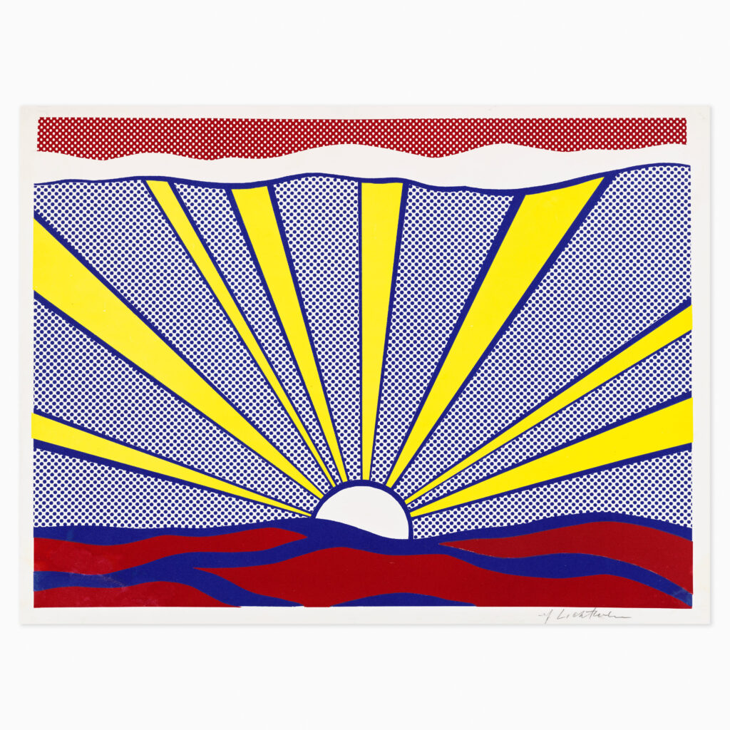 Sunrise (C. II.7) (1965) by Roy Lichtenstein, a bold pop art depiction of a sunrise over water, composed of graphic lines, Ben-Day dots, and flat, vibrant colours, with radiating bands suggesting light and reflection in a stylised, comic-inspired aesthetic.