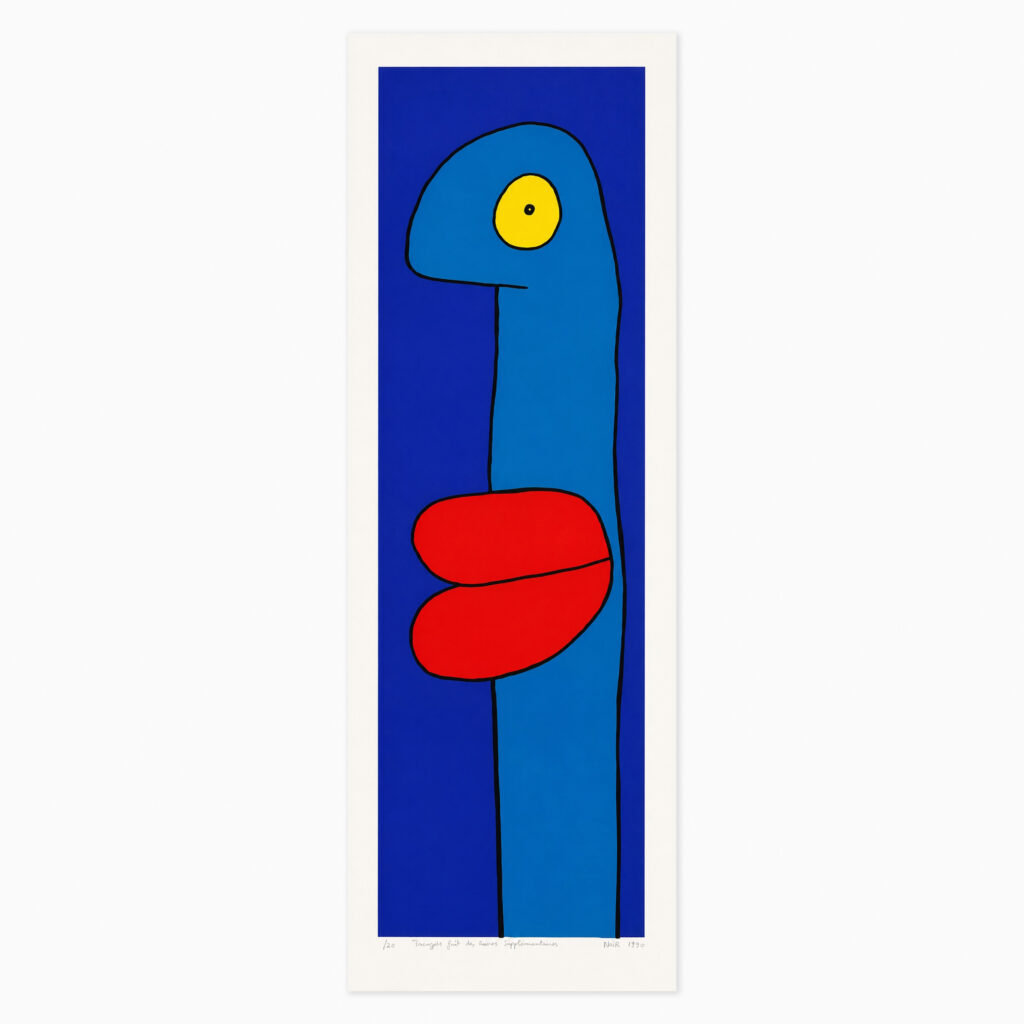 Colorful painting of a bold, cartoonish face in Thierry Noir's signature flat graphic style, characteristic of his Berlin Wall street art