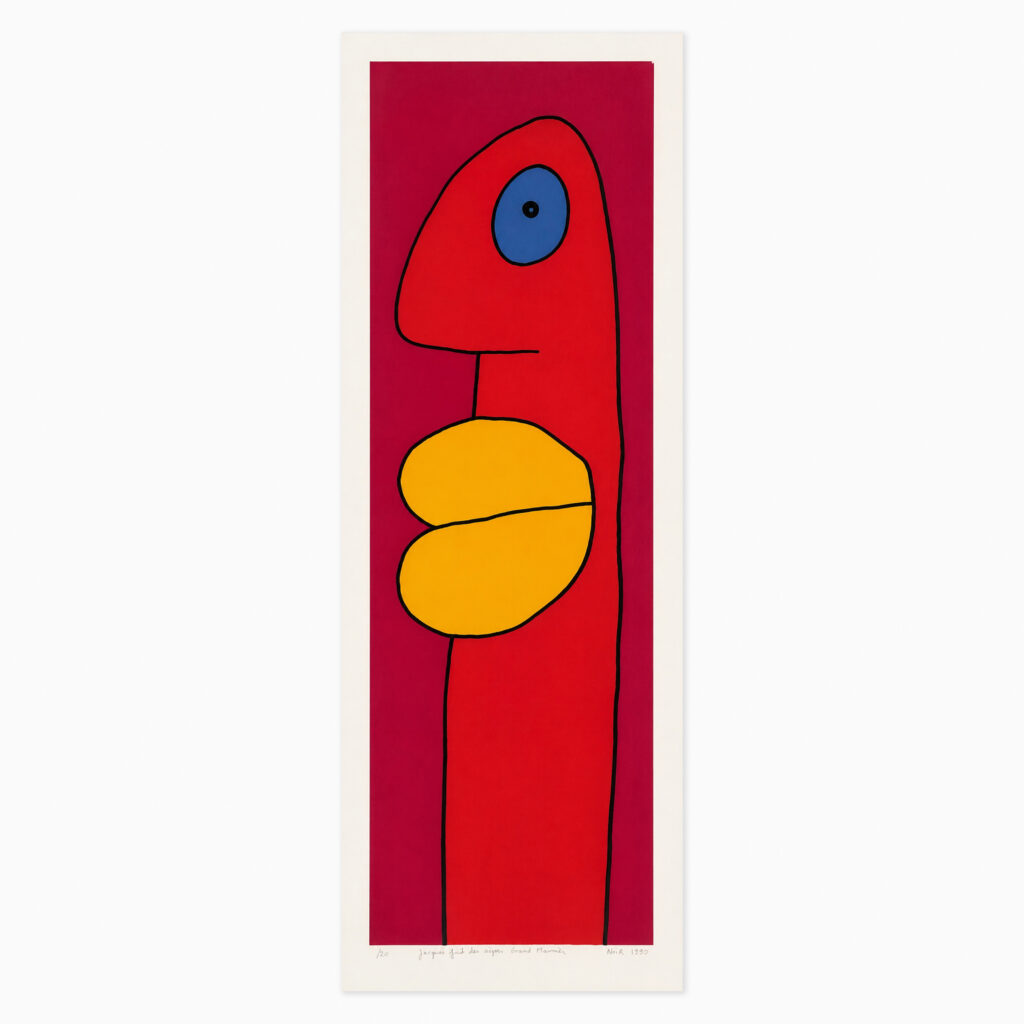 Colorful painting of a bold, cartoonish face by Thierry Noir, from his recurring flat graphic character series.