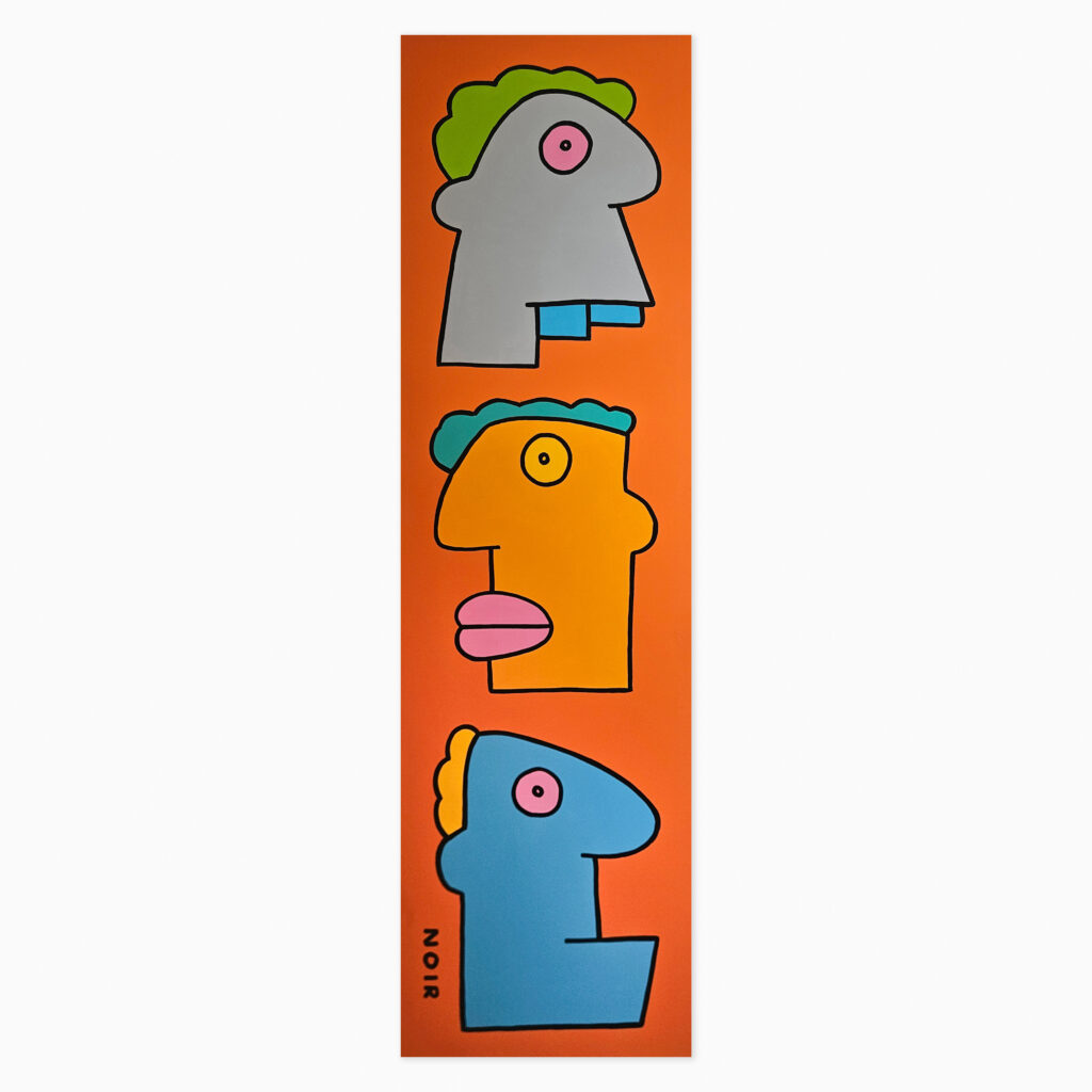 Three Ideas For A Quick Morale Boost (2023) by Thierry Noir, a playful composition featuring three of Noir’s signature cartoon-like heads, each outlined in bold black lines and filled with bright, flat colours
