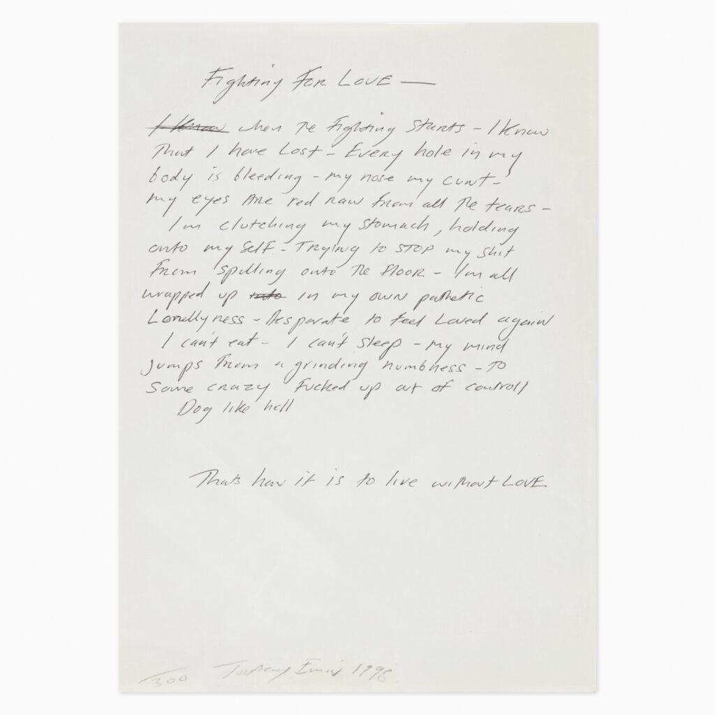 Fighting for Love (1998) by Tracey Emin, a raw, expressive artwork featuring handwritten-style text with loose linework