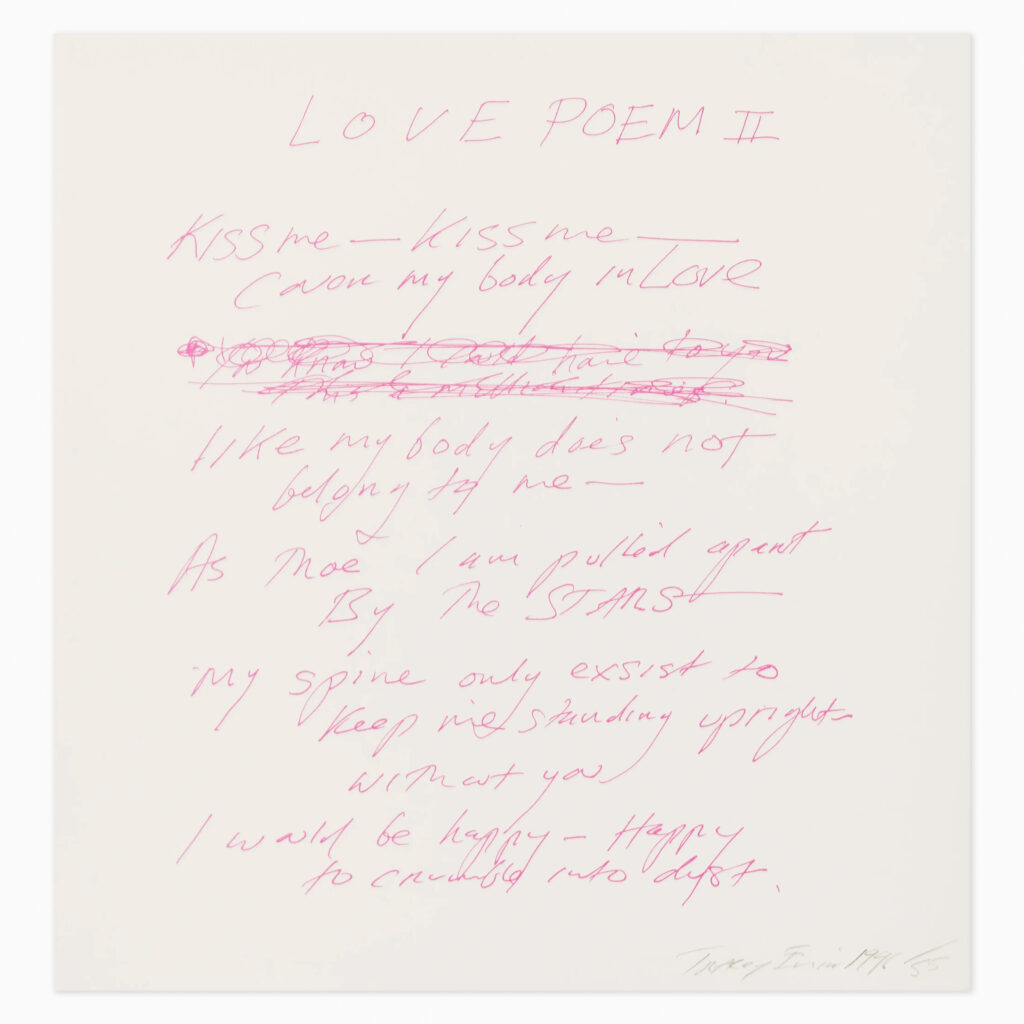 Love Poem II (1996) by Tracey Emin, a handwritten-style artwork featuring expressive, loosely drawn pink text that resembles a personal poem about love