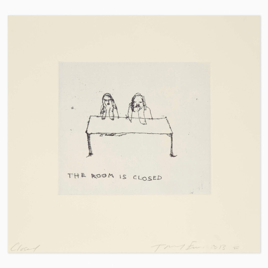 The Room is Closed (2013) by Tracey Emin, a conceptual artwork featuring two figures at a table with a handwritten text stating the phrase “The room is closed,” presented in Emin’s characteristic expressive, gestural style