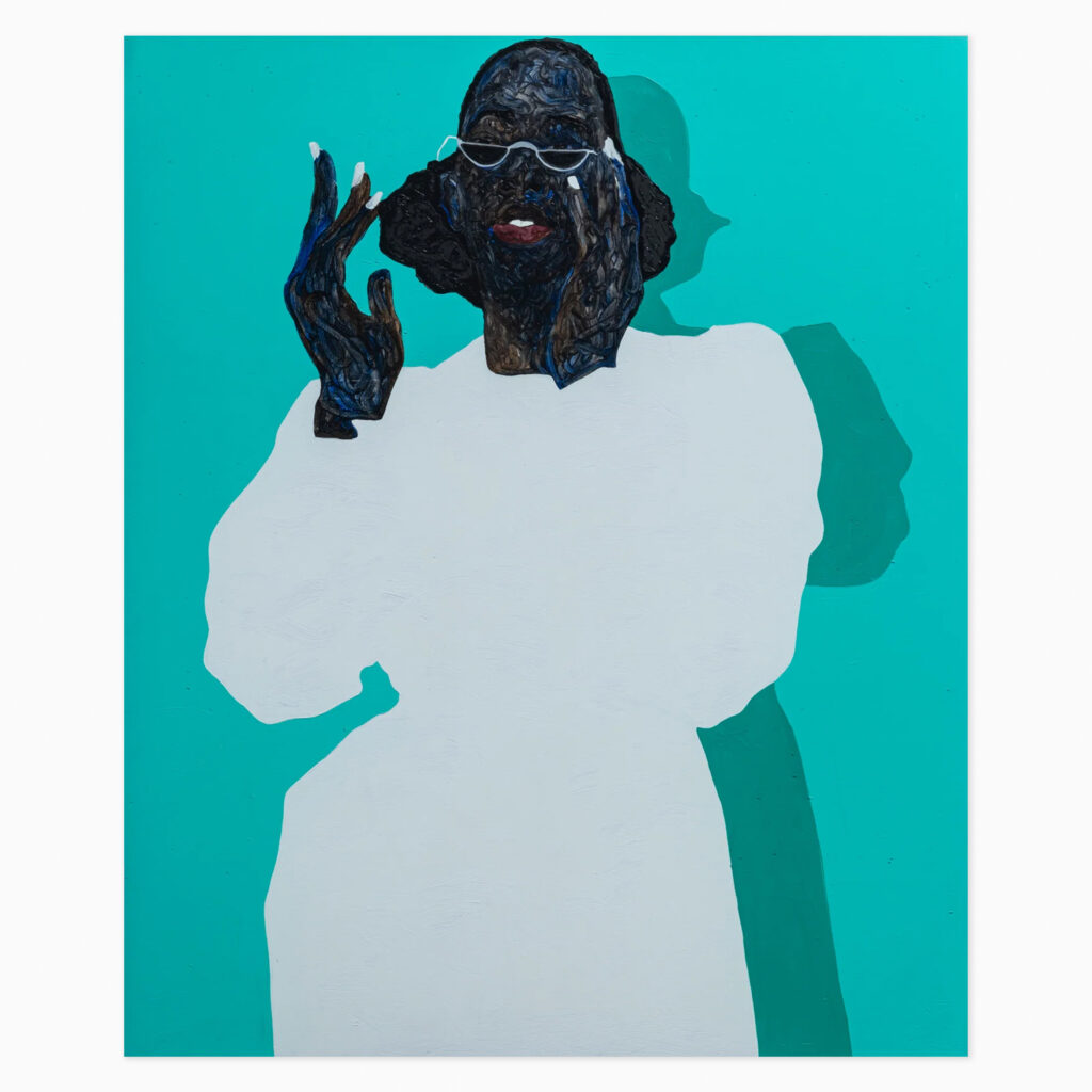 White Nail Polish (2025) by Amoako Boafo, a portrait painting of a standing figure rendered with expressive, textured brushstrokes, featuring prominently painted white fingernails that contrast against the skin