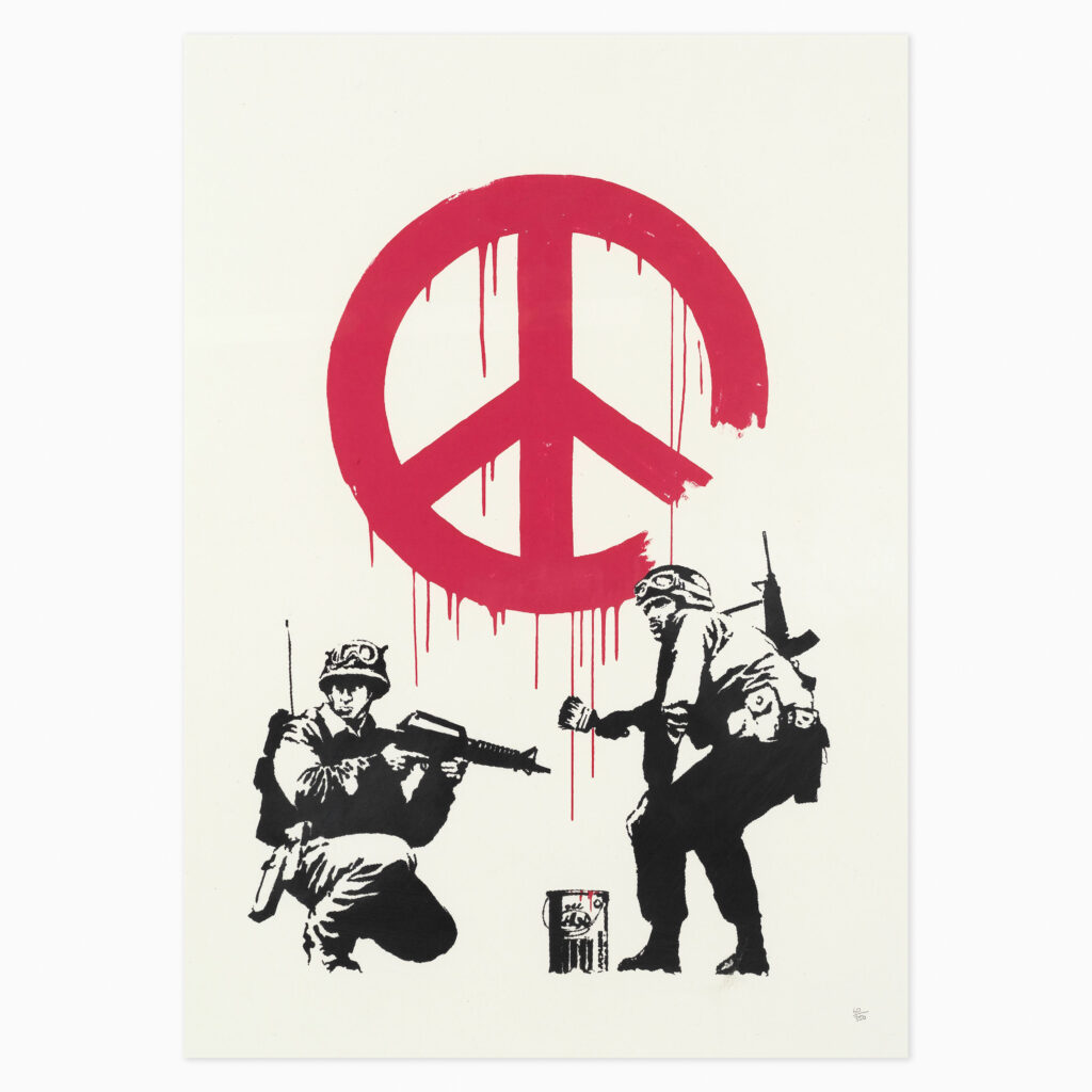 CND Soldiers (2005) by Banksy, a screenprint in colours depicting soldiers painting Campaign for Nuclear Disarmament (CND) peace symbol