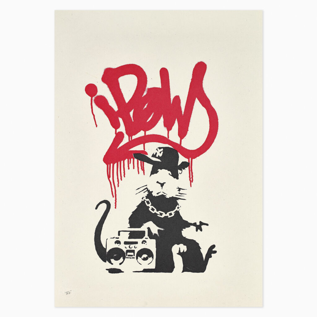 Gangsta Rat (2004) by Banksy, a screenprint in colours showing a stylised rat wearing a hat and chain