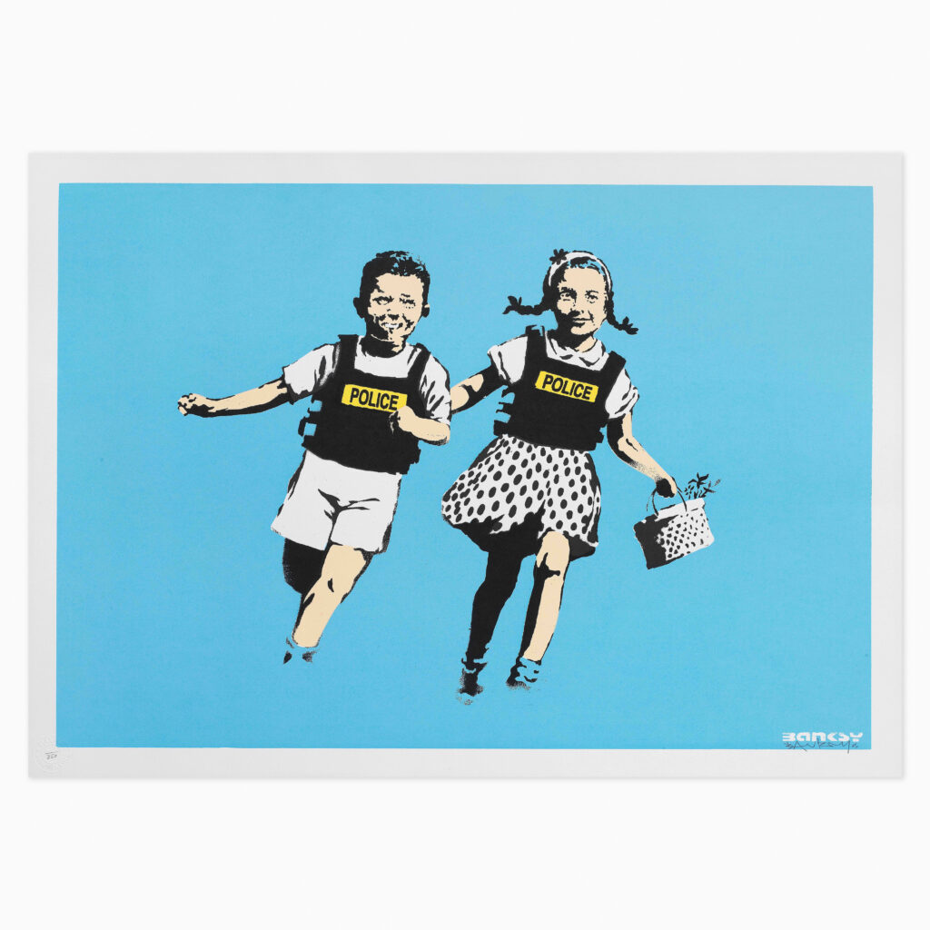 Jack & Jill (Signed) (2005) by Banksy, a screenprint in colours featuring Jack and Jill wearing police vests on a blue background