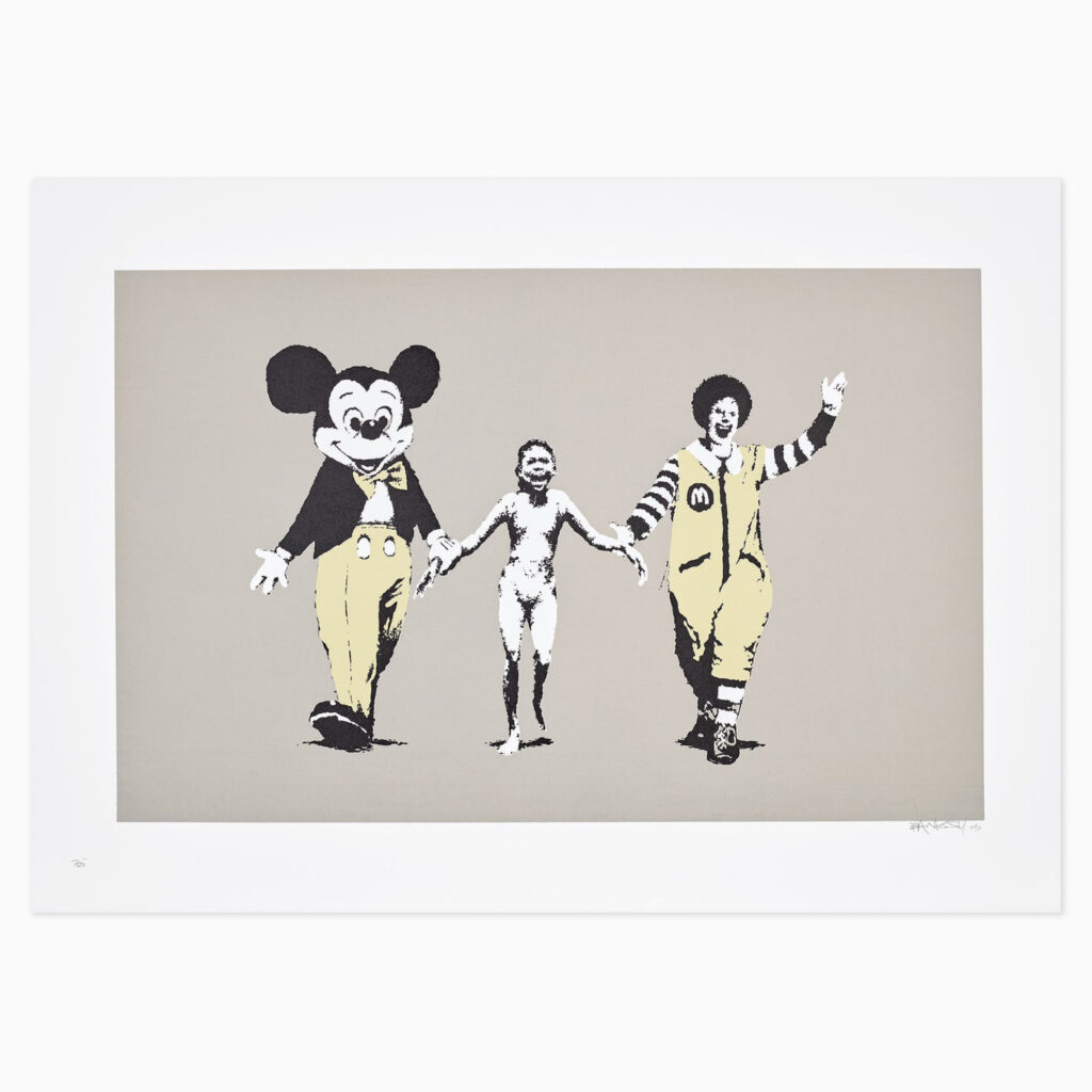 Napalm (Signed) (2004) by Banksy, a screenprint in colours showing a young girl from the Vietnam War era flanked by Ronald McDonald and Mickey Mouse