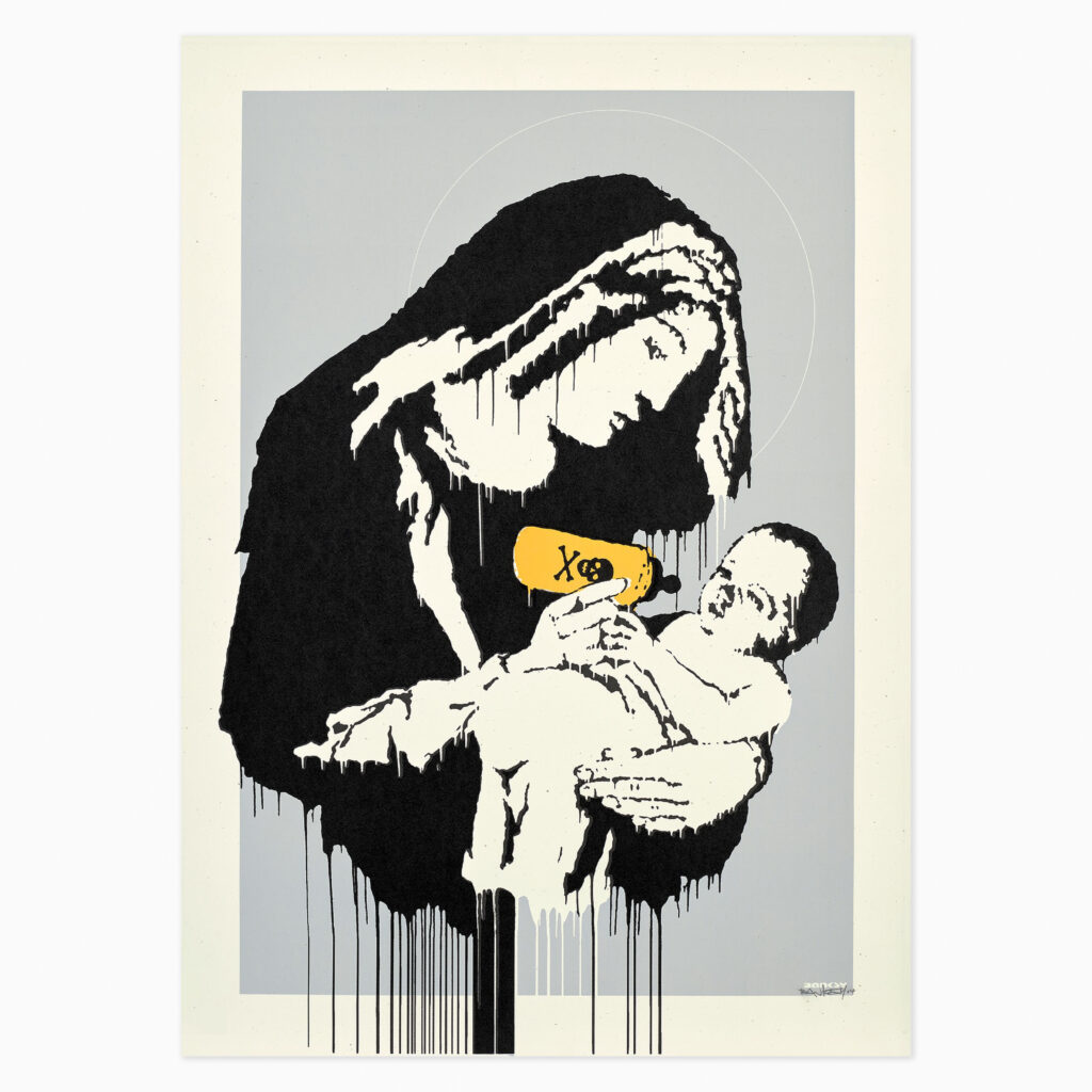 Toxic Mary (Signed) (2003) by Banksy, a screenprint in colours depicting the Virgin Mary holding a baby whilst feeding it a toxic bottle