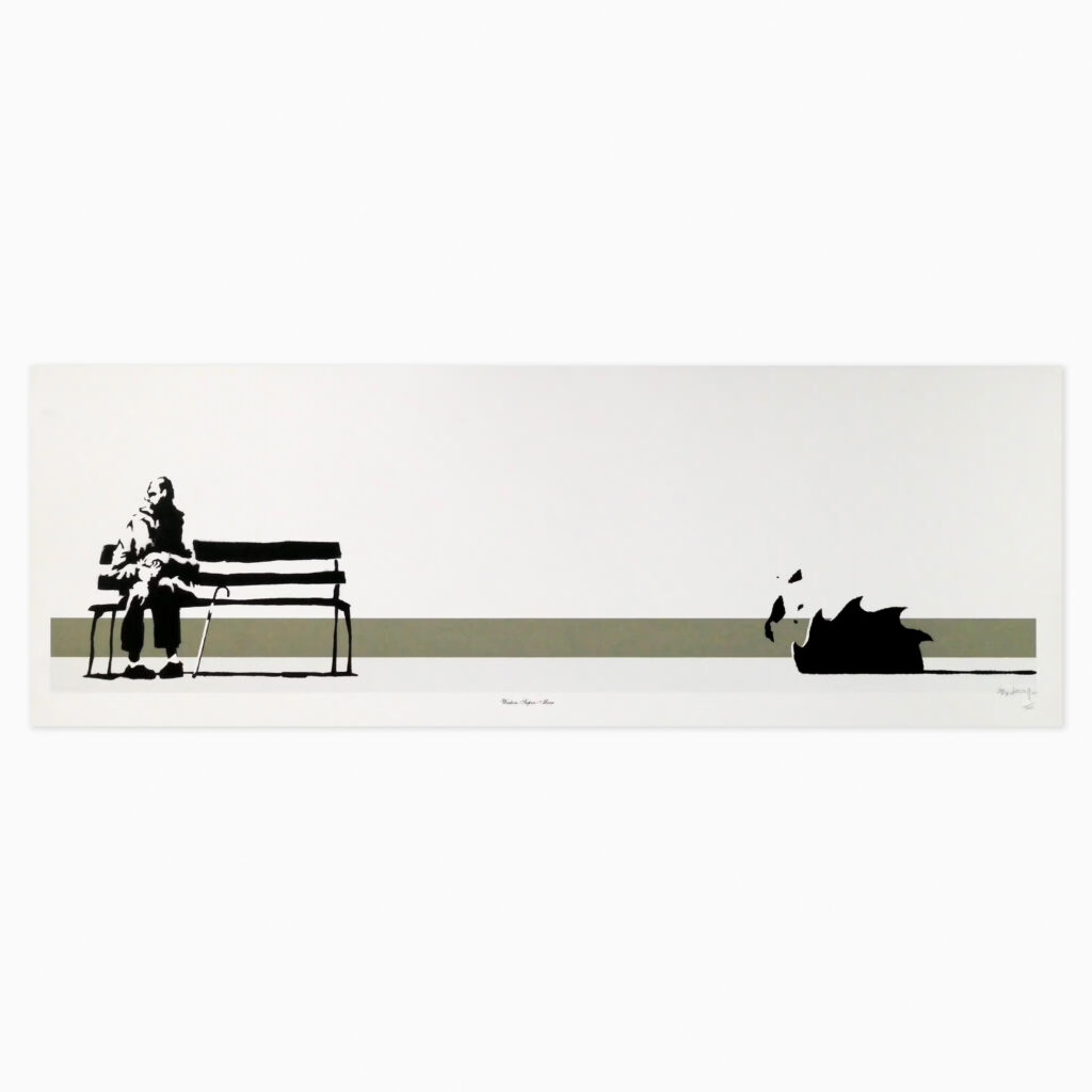 Western Super Mare (2003) by Banksy, a screenprint in colours depicting an elderly person on a bench with a saw approaching