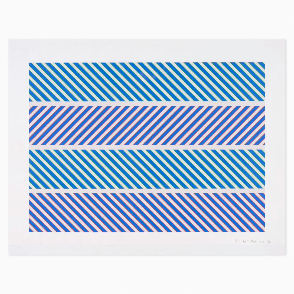 Rothko Portfolio by Bridget Riley, an abstract print composition featuring carefully arranged bands and blocks of blue and purple with subtle tonal shifts.