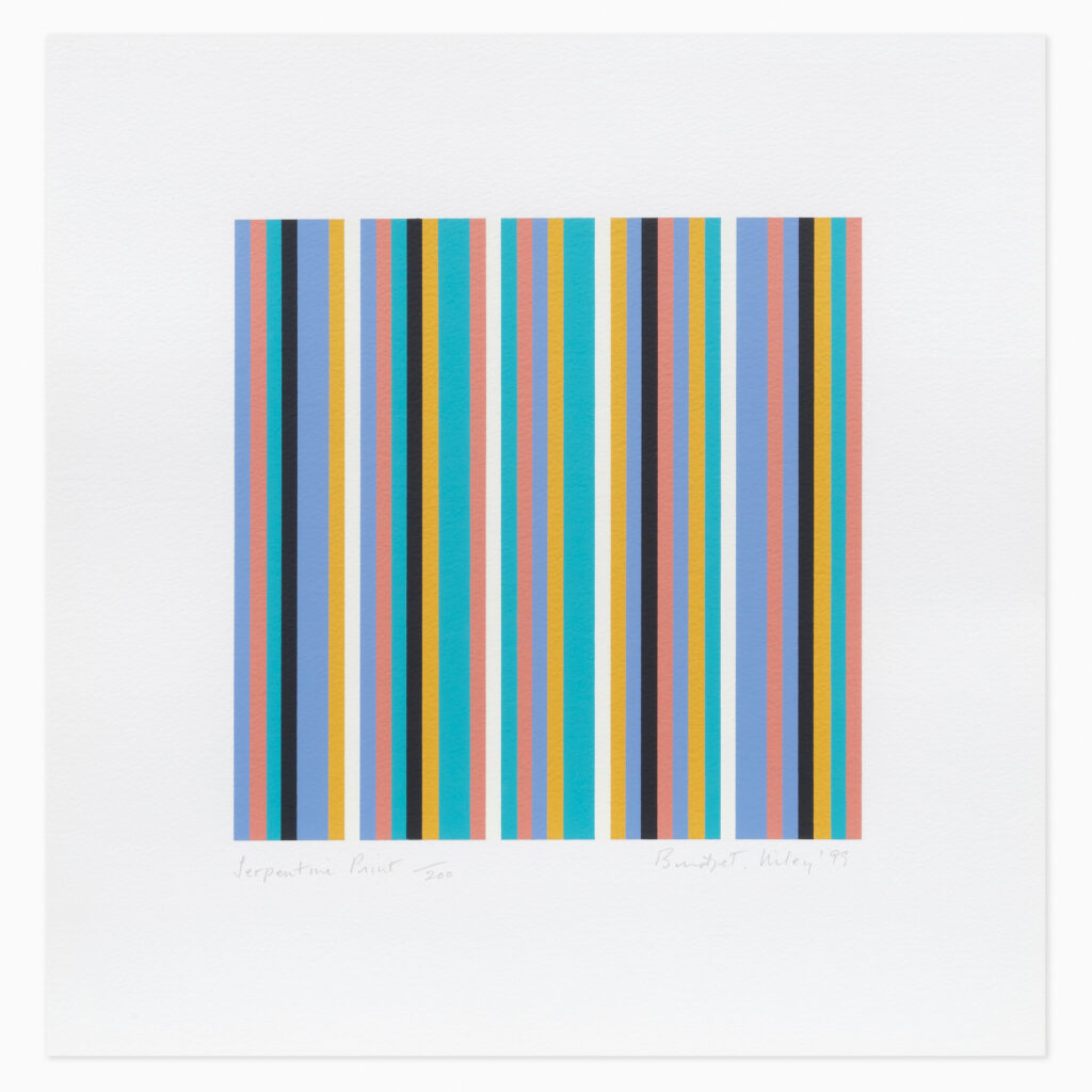 Serpentine Print (1999) by Bridget Riley—a screenprint in colours featuring vertical lines of pink, blue, yellow white and black