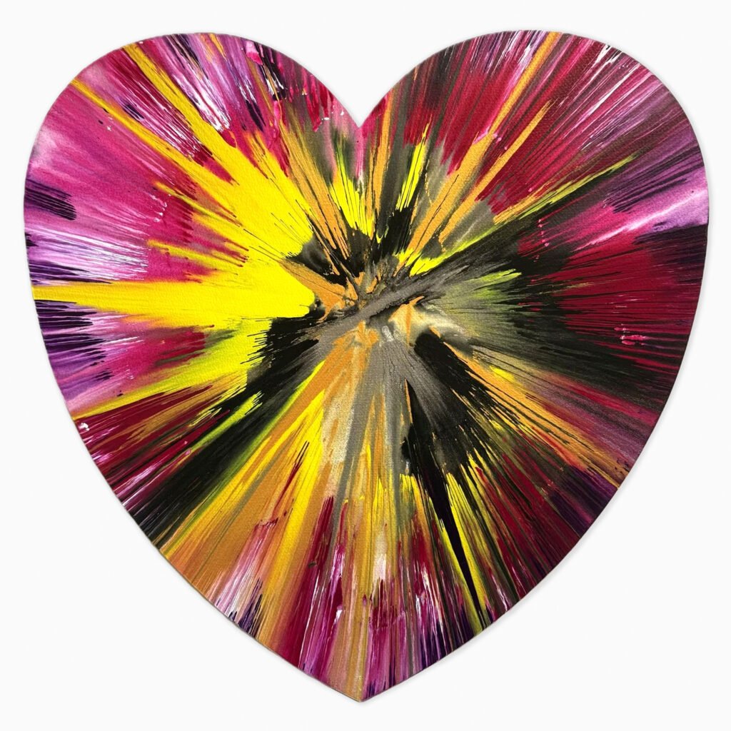 Heart Spin Painting by Damien Hirst, a dynamic spin painting composed of radiating streaks and splashes of brightly coloured pink and yellow paint