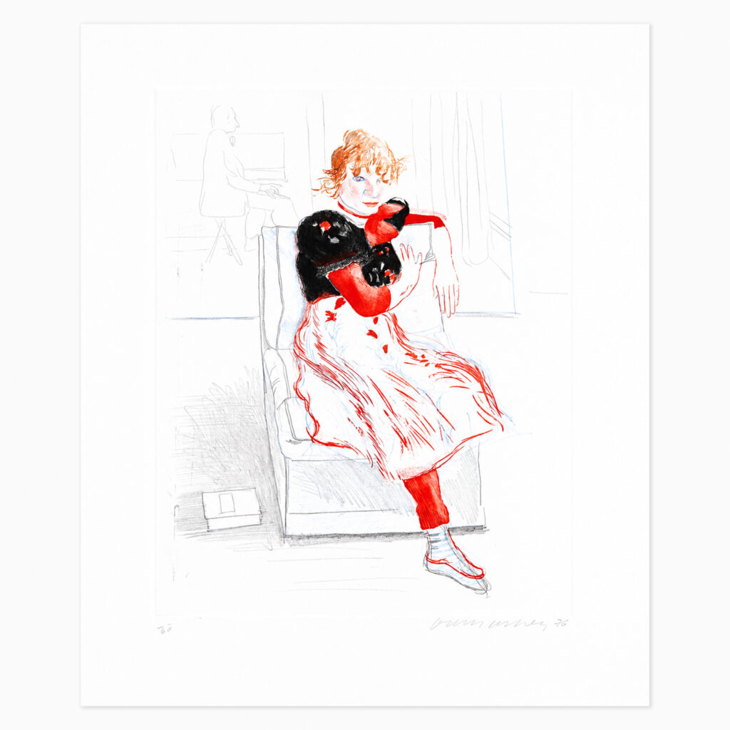 Celia Observing (1976) by David Hockney—a color etching and aquatint depicting Celia Birtwell seated and looking attentively outward, rendered with delicate lines, soft tonal shading, and subtle areas of colour