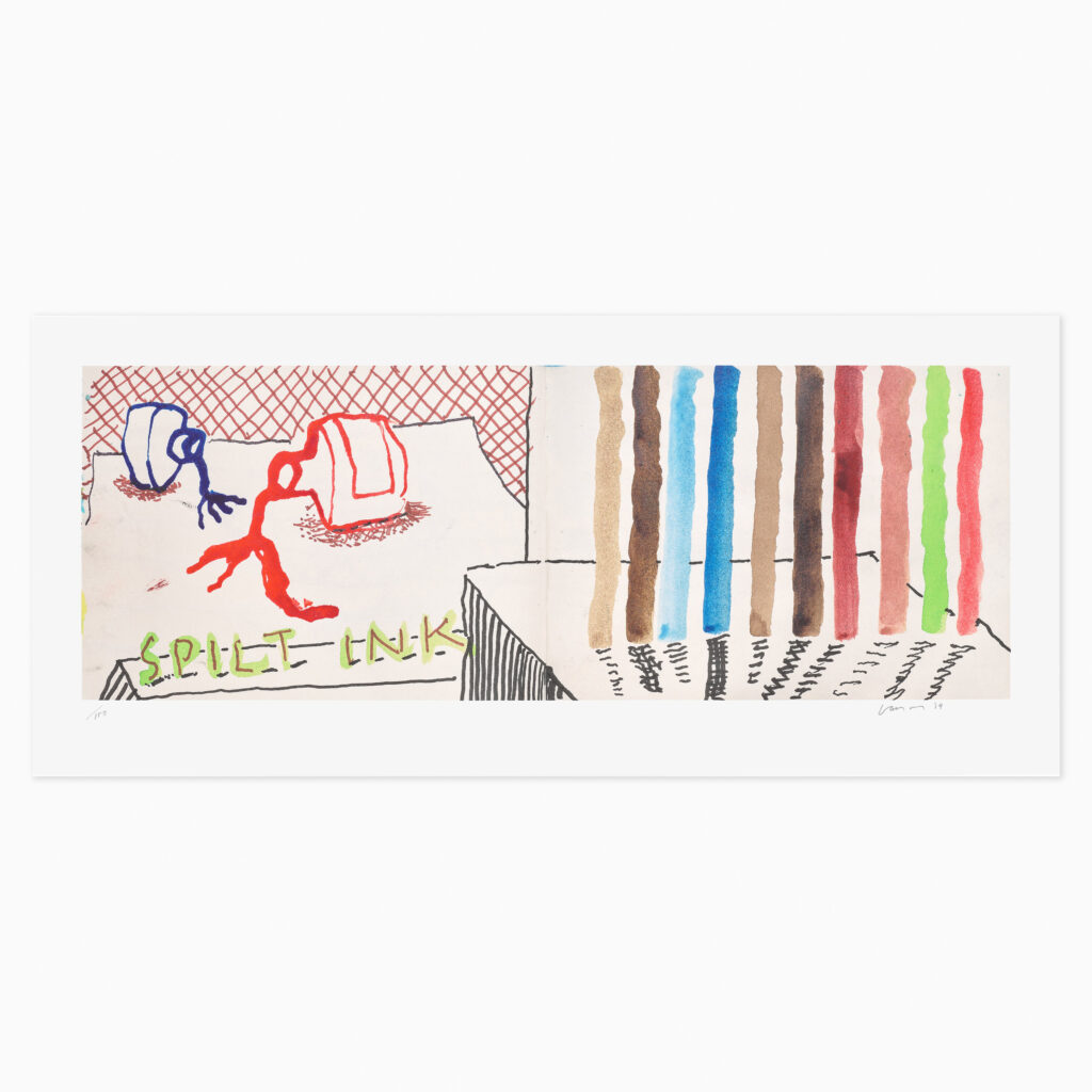 Spilt Ink with Tests. Art Edition No. 1–100 (from 220 for 2020) (2020) by David Hockney, an 8-colour inkjet print on cotton fibre archival paper showing abstract pools and splashes of ink with test marks, arranged in loose, organic forms that highlight fluid colour interaction, experimentation, and print-based mark-making.