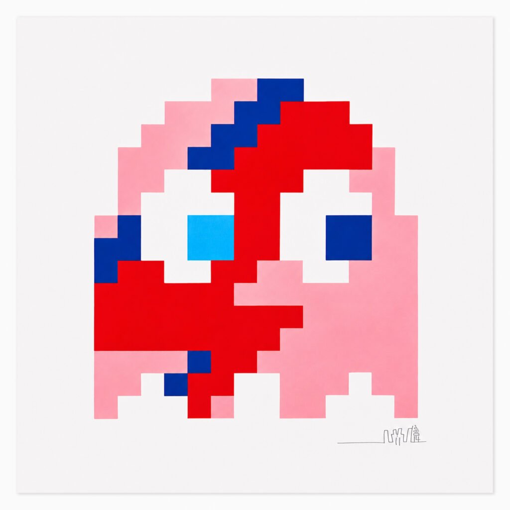 Aladdin Sane (Pinky) (2014) by Invader, an embossed screenprint in colours depicting a pixelated interpretation of David Bowie’s Aladdin Sane portrait, with simplified mosaic-like blocks of pink and contrasting tones forming the iconic lightning-bolt face design