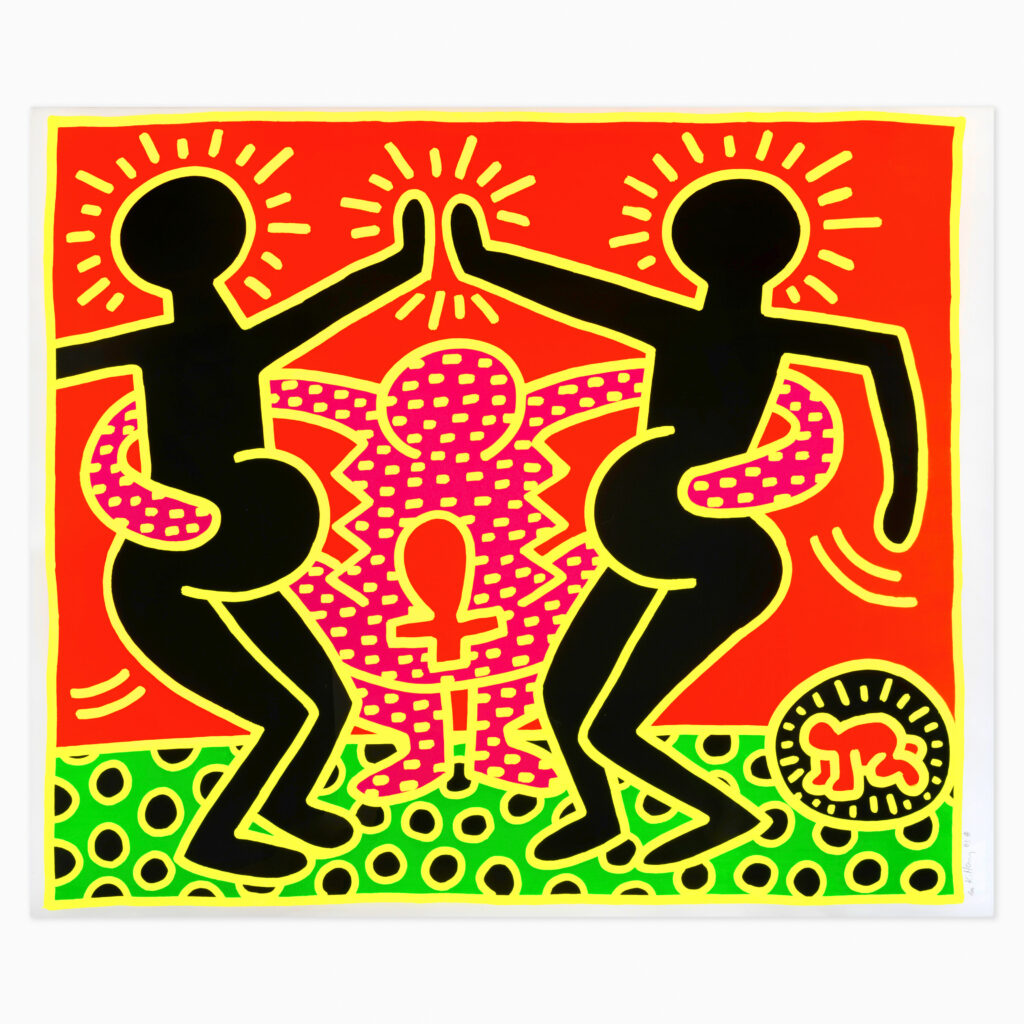 Untitled (Plate 4), from Fertility (1983) by Keith Haring, a bold graphic composition featuring stylised human and symbolic forms rendered in thick black lines and vibrant flat colors, with energetic movement