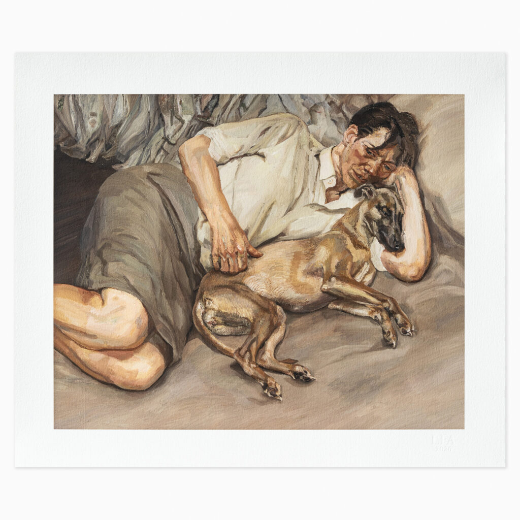 Double Portrait (1988–90) by Lucian Freud, an archival pigment print on heavyweight textured paper depicting a human and dog in an intimate, tightly composed scene