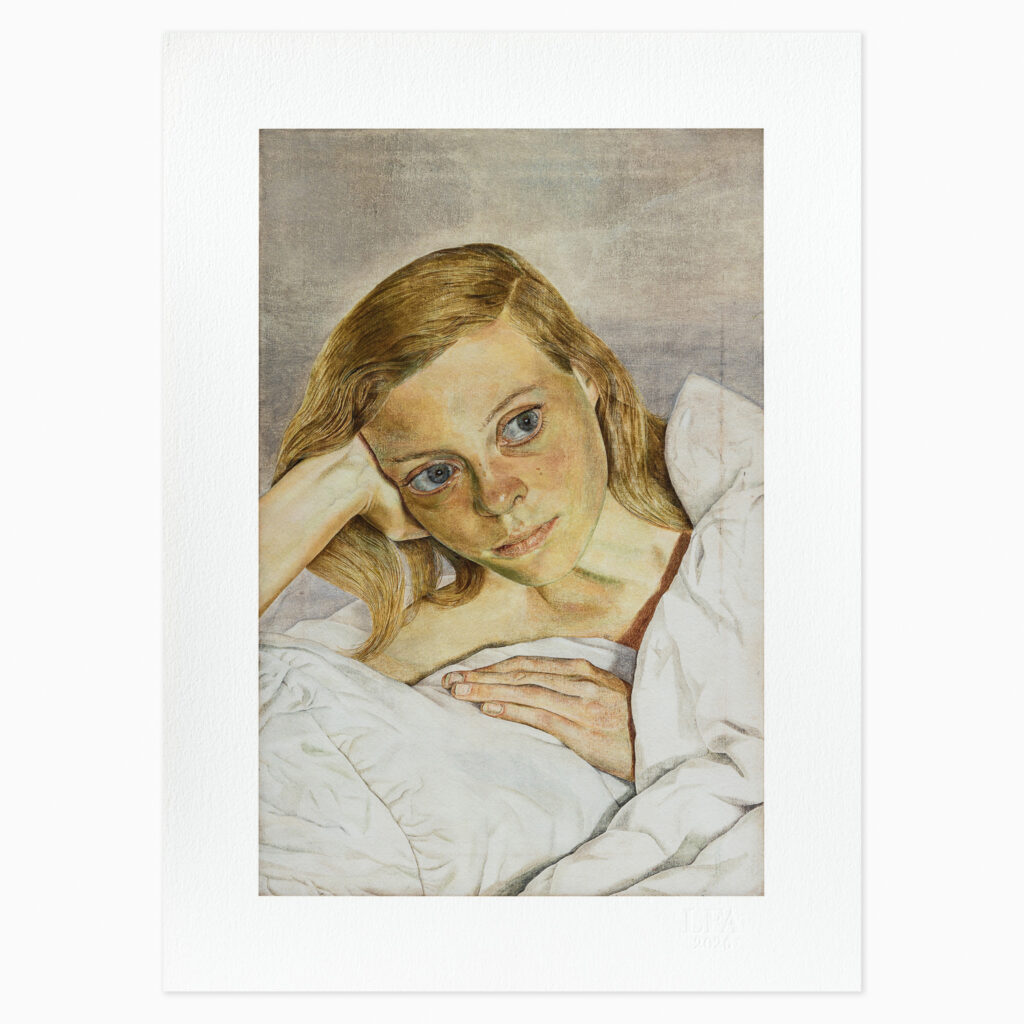 Girl in Bed (1953) by Lucian Freud, an archival pigment print on textured paper depicting a young woman reclining in bed, rendered in muted tones