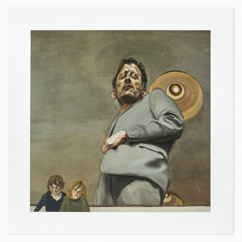 Reflection with Two Children (Self-portrait) (1965) by Lucian Freud, an archival pigment print on textured paper showing a Freud reflected alongside two children, rendered in muted tones