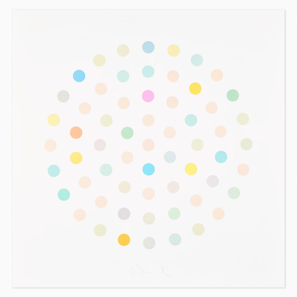 Ciclopirox Olamine by Damien Hirst, a spot painting composed of evenly spaced, uniformly sized coloured circles arranged in a circle, creating a systematic and orderly composition