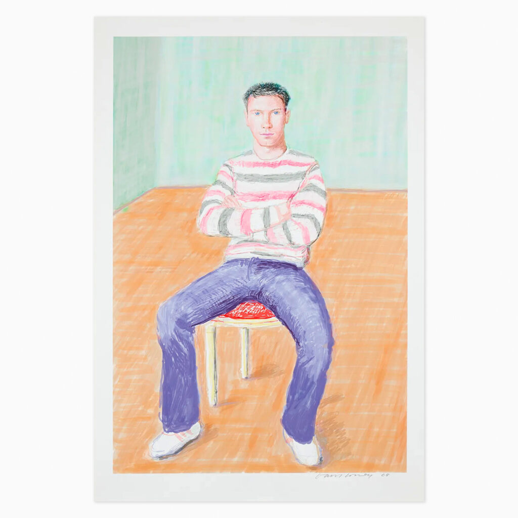 Jamie McHale 1 (2008) by David Hockney, an inkjet print depicting a portrait of Jamie McHale, rendered with bold, expressive lines and vibrant colour on a plain pastel background, creating an intimate attention to personality
