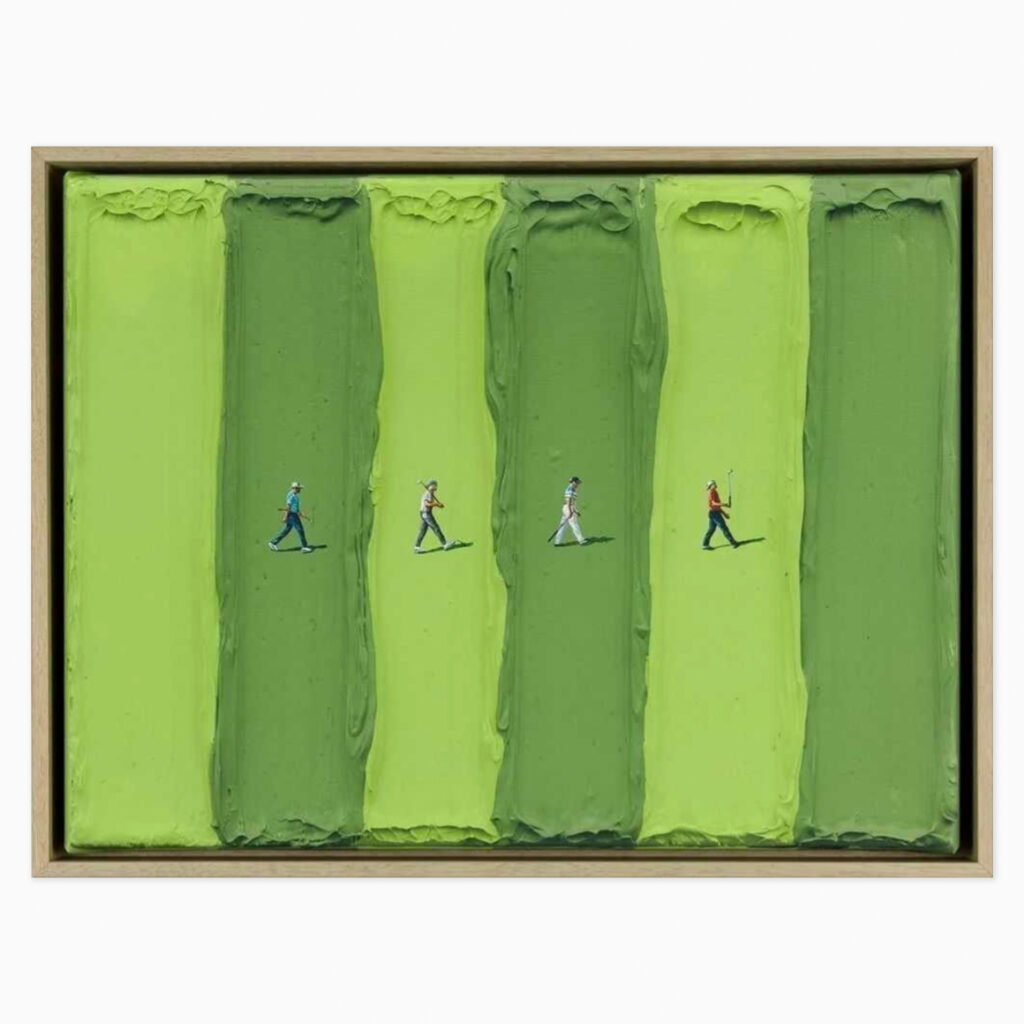 Caddy Road (2024) by Werner Bronkhorst, a giclée print on Hahnemühle Daguerre canvas featuring a four small golfer figures walking along the field.