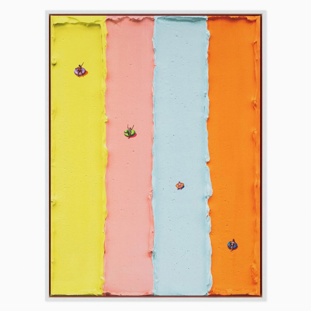 Slippery When Wet (2025) by Werner Bronkhorst, a giclée print on heavyweight canvas depicting four of Bronkhorst’s characteristic small, figures set within a large, simplified field of colour reminiscent of waterslides in pastel yellow, pink, blue and orange.