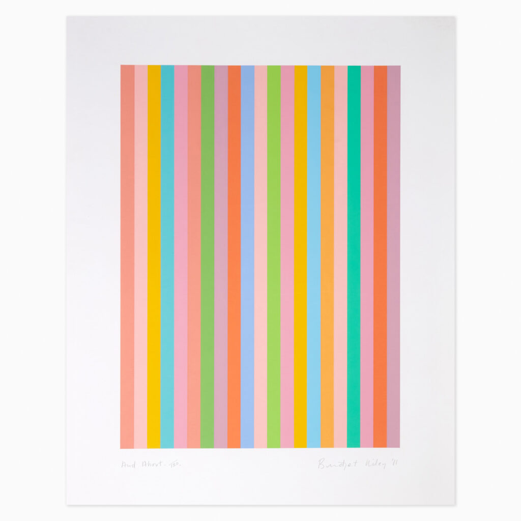 And About (2011) by Bridget Riley, a screenprint in colours on wove paper featuring straight bands of contrasting colours arranged in a precise, repeating pattern