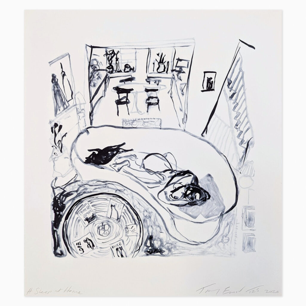 A Sleep at Home (2026) by Tracey Emin, a lithograph on Somerset Velvet Warm White paper featuring an expressive, gestural drawing of a reclining figure rendered with loose, fluid lines