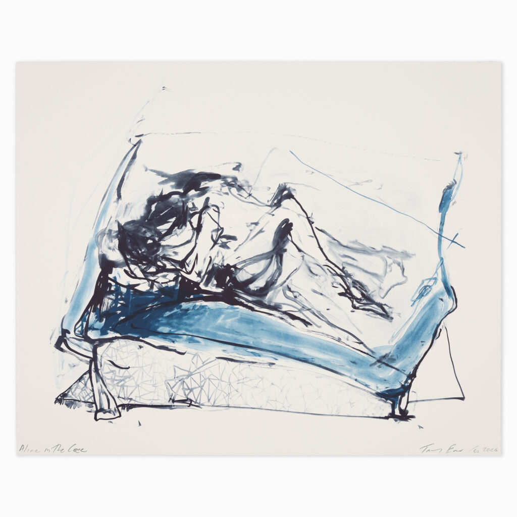 Alive in The Cave (2026) by Tracey Emin, a two-colour lithograph on Somerset Velvet Warm White paper featuring expressive, gestural line work and a raw figurative composition