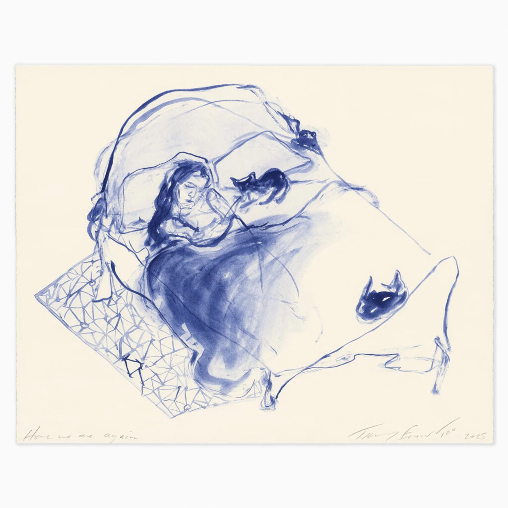 Here We Are Again by Tracey Emin, an expressive drawing featuring loose, gestural lines forming a minimal figurative composition, accompanied by handwritten text in Emin’s distinctive style
