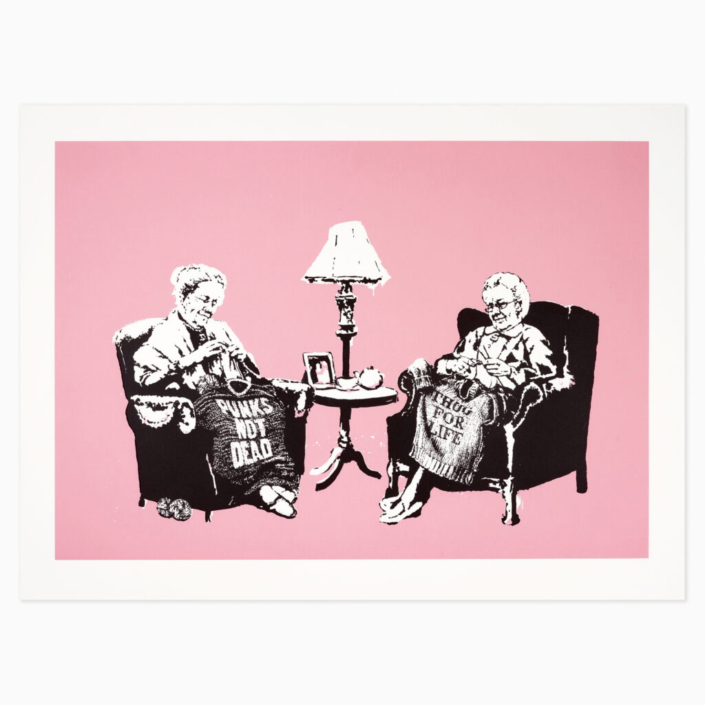 Grannies (2006) by Banksy, a screenprint on paper depicting two elderly women in a humorous, stencil-style composition