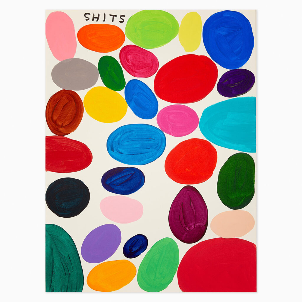 Shits (2019) by David Shrigley, a hand-painted acrylic work on heavyweight Fabriano paper featuring Shrigley’s characteristic crude, expressive linework and irreverent handwritten text