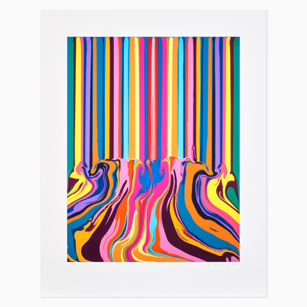 Uplift (2020) by Ian Davenport, a digital inkjet print featuring vibrant vertical streams and curved trails of colour arranged in a rhythmic, flowing composition.