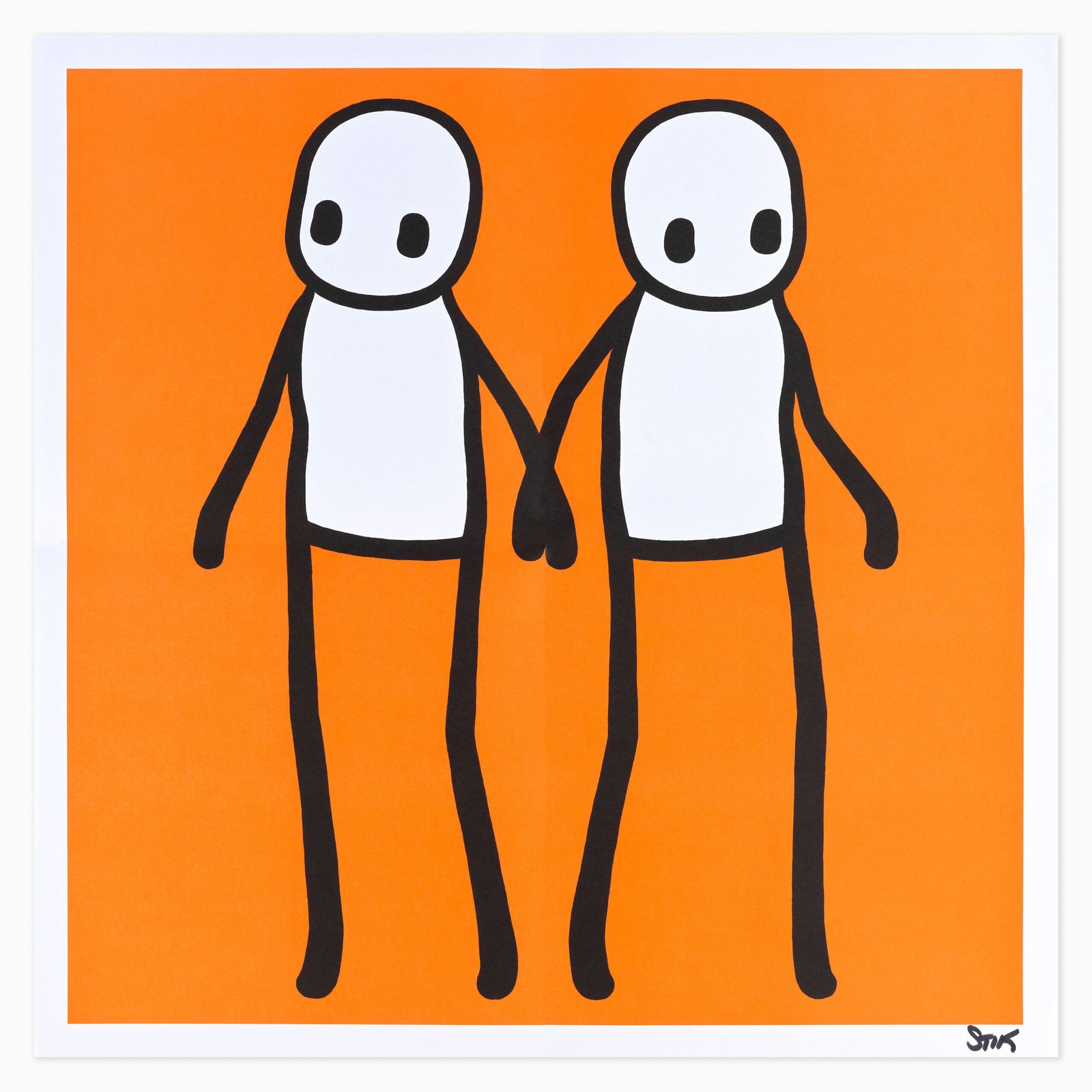 Stik limited edition print titled ‘Holding Hands (Orange)’ showcasing simple, bold line figures in a connected, humanistic composition