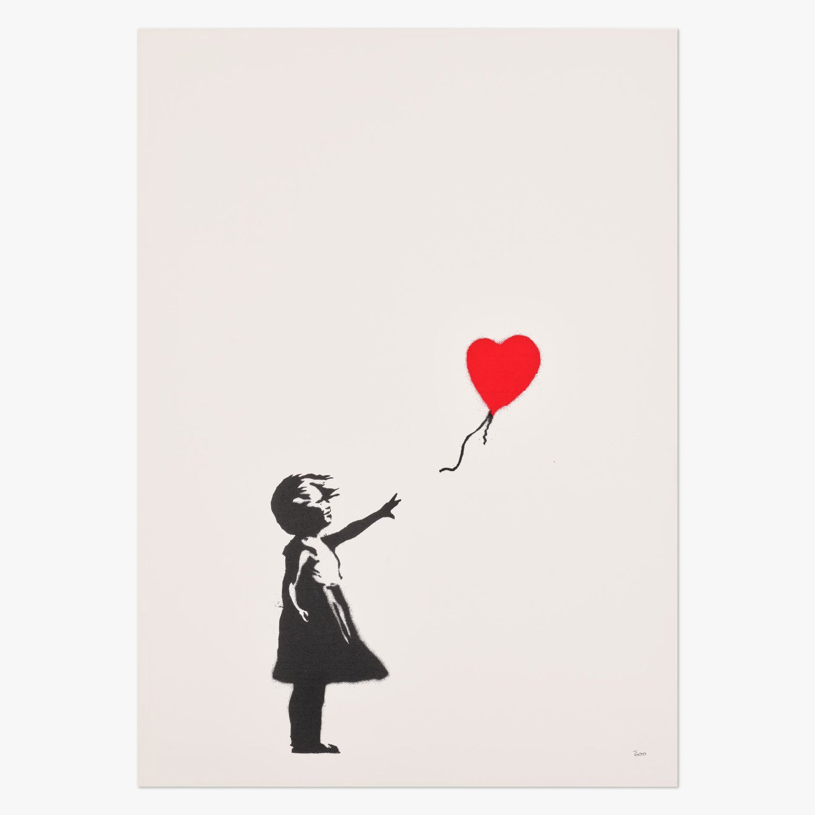 Girl with Balloon (2004) by Banksy, a screenprint in colours on paper depicting a young girl reaching toward a heart-shaped balloon floating away from her, rendered in a simple black-and-white graphic style with a vivid red balloon.