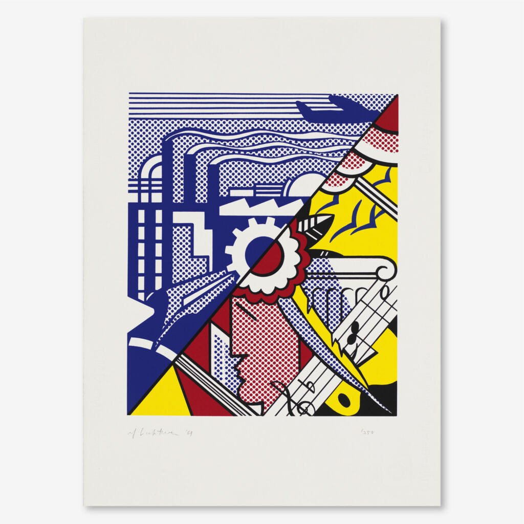 Industry and the Arts (II) (1969) by Roy Lichtenstein, a screenprint in colours on paper featuring a bold, graphic composition of industrial and artistic imagery rendered in his characteristic comic-inspired style.