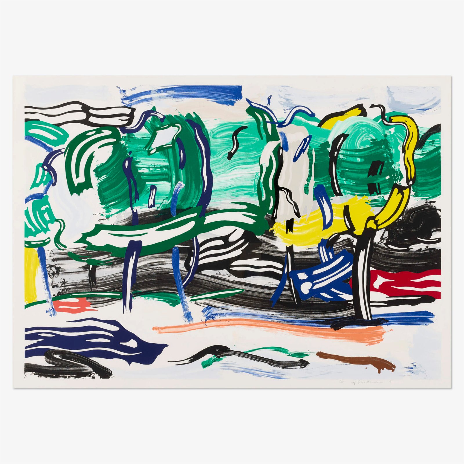 Road Before the Forest (1985) by Roy Lichtenstein, a lithograph, woodcut, and screenprint on Arches 88 paper depicting a stylised landscape with a winding road leading toward a wooded area, rendered in Lichtenstein’s bold graphic style.