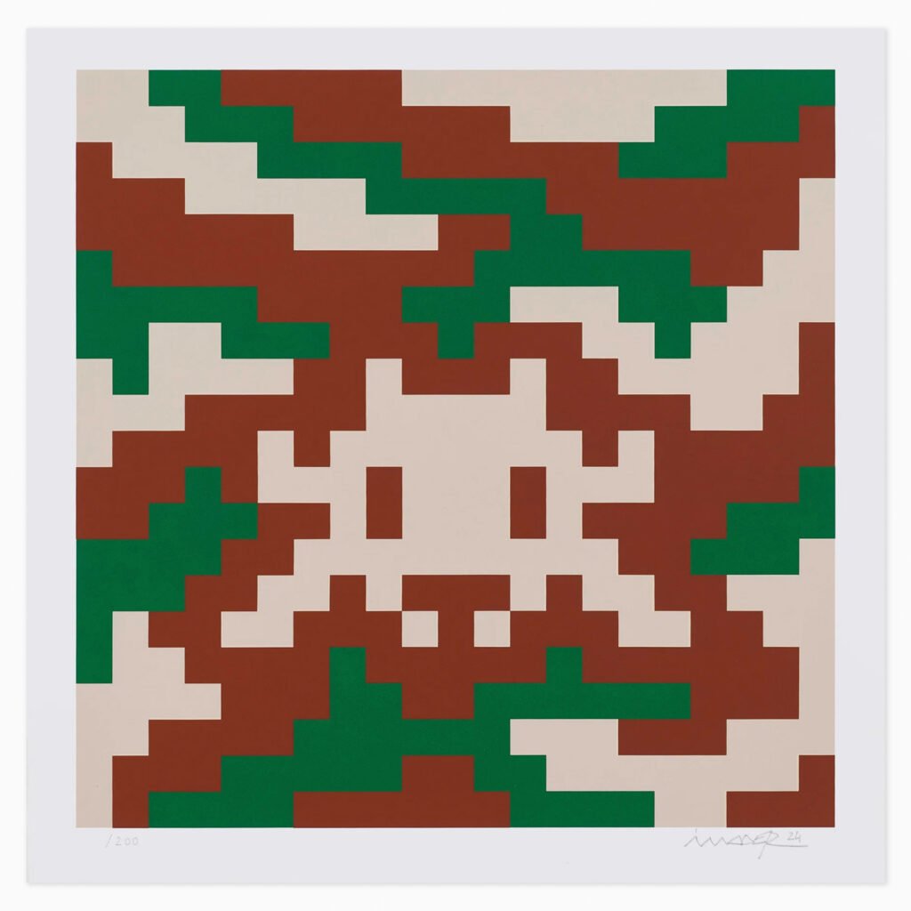CAMO S-3C-M1 (2024) by Invader, a colourful pixelated composition inspired by camouflage patterns, combining geometric shapes and block-like forms in a distinctive mosaic style.