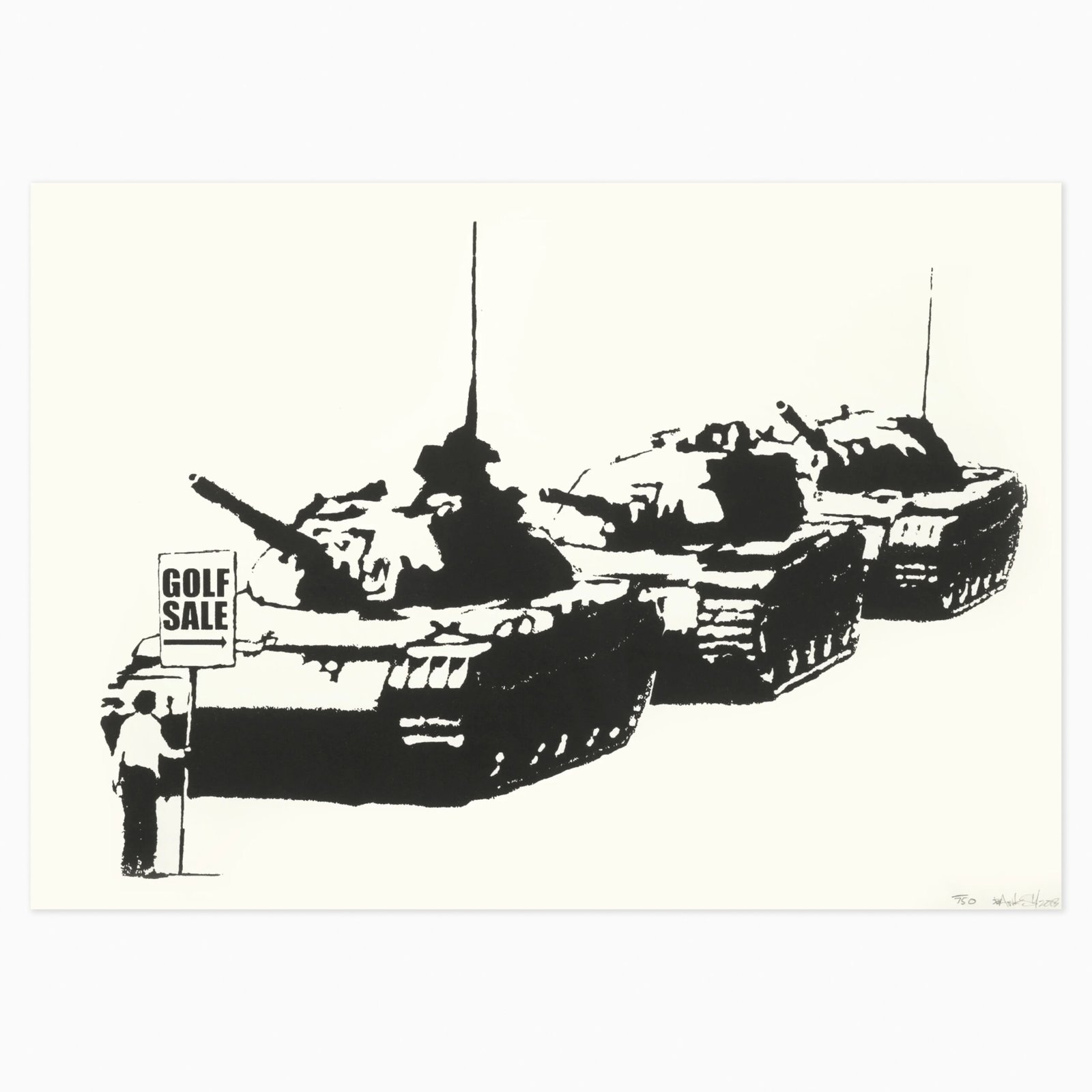 Golf Sale (2003) by Banksy, a screenprint featuring a stark, stencil-style composition with a golfer and bold graphic imagery, rendered in Banksy’s characteristic monochromatic street-art aesthetic.