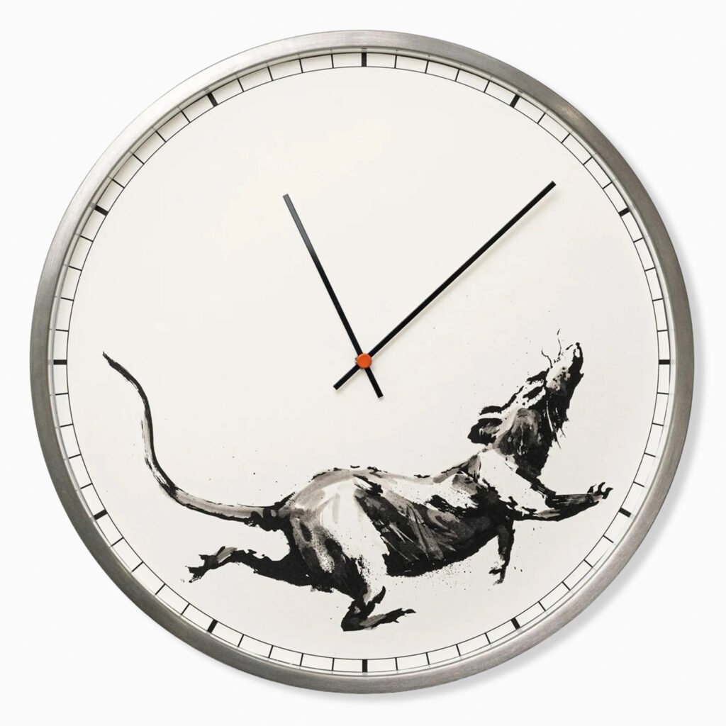 Rat Clock (2019) by Banksy, a hand-smudged screenprint on a wall clock featuring a rat motif integrated into the clock face