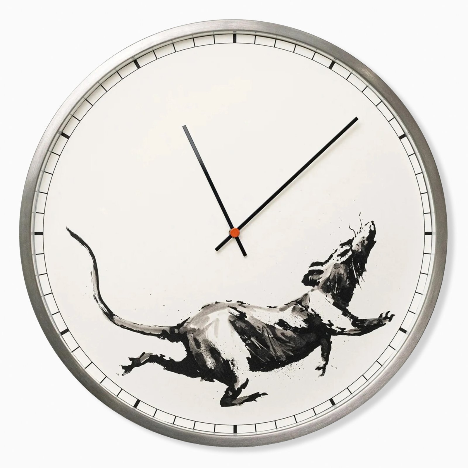 Rat Clock (2019) by Banksy, a hand-smudged screenprint on a wall clock featuring a rat motif integrated into the clock face