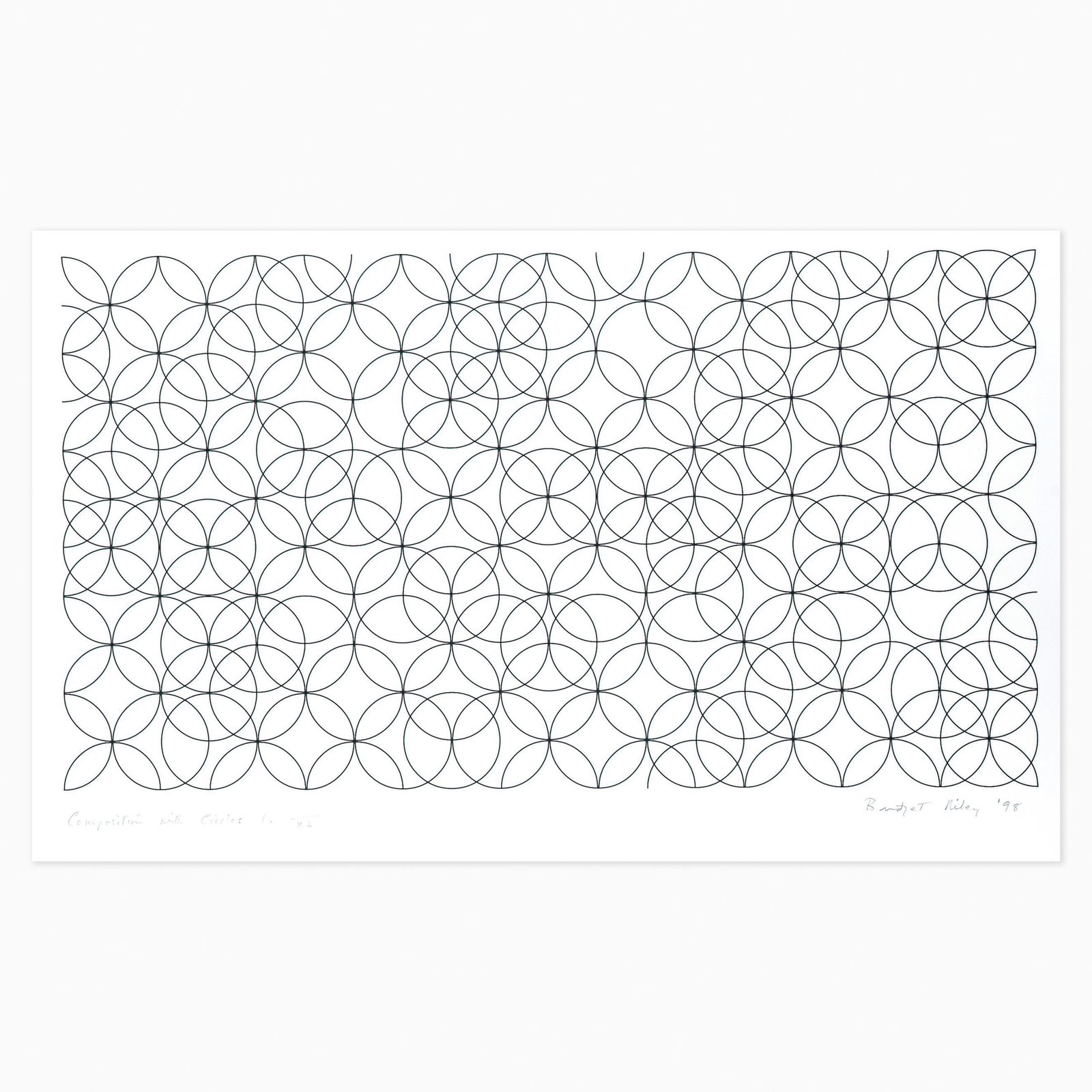 Composition with Circles 1 (1998) by Bridget Riley, an abstract geometric composition featuring overlapping and intersecting circles arranged in a rhythmic pattern, creating a dynamic sense of movement and visual depth.