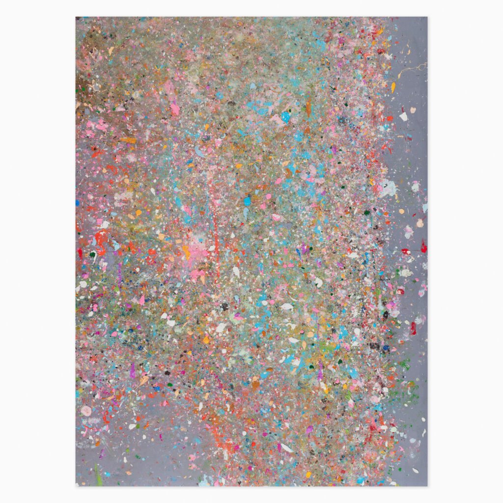 Deadman’s Cove (H13-1) (2023) by Damien Hirst, a vibrant splatter painting featuring layers of brightly coloured paint scattered and sprayed across the surface, creating an energetic, abstract composition.
