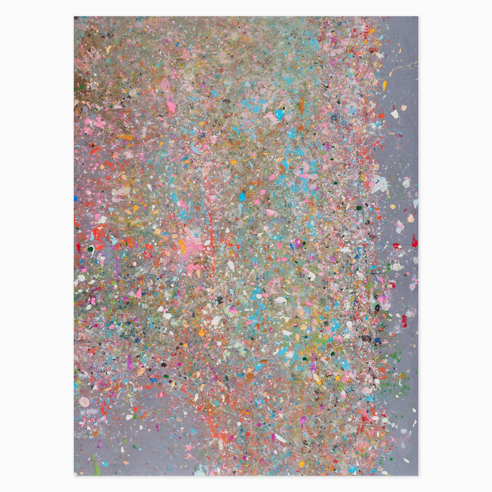 Deadman’s Cove (H13-1) (2023) by Damien Hirst, a vibrant splatter painting featuring layers of brightly coloured paint scattered and sprayed across the surface, creating an energetic, abstract composition.